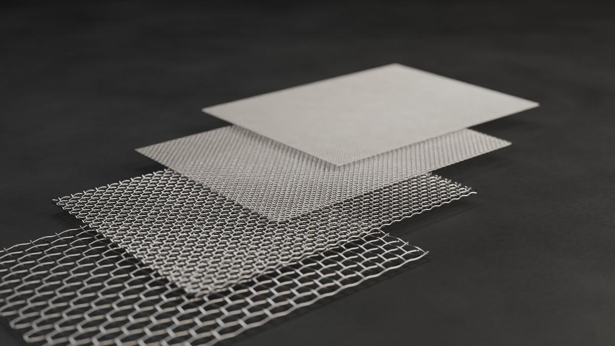 Four V2A stainless steel wire mesh sheets from coarse to fine, stacked in steps on dark slate